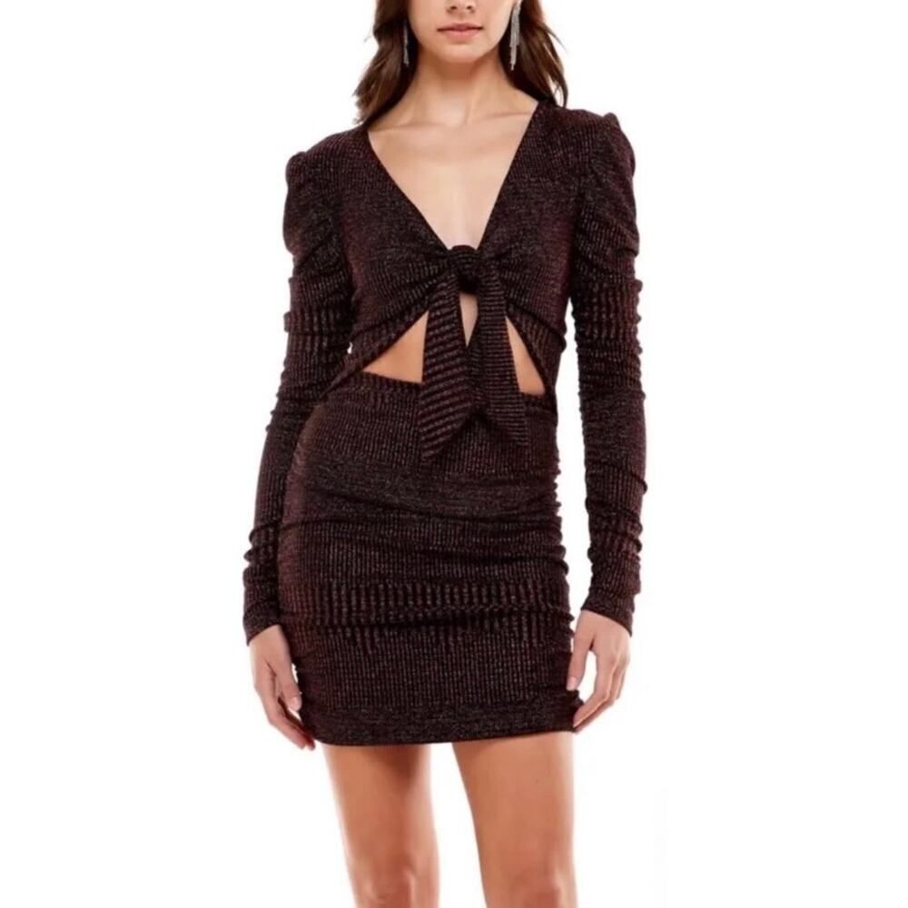 WAYF x Emma Rose Corvette Ruched Minidress Women's Med Black Metallic V-Neck
